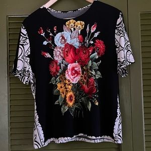 Floral Short Sleeve Top with Rhinestones